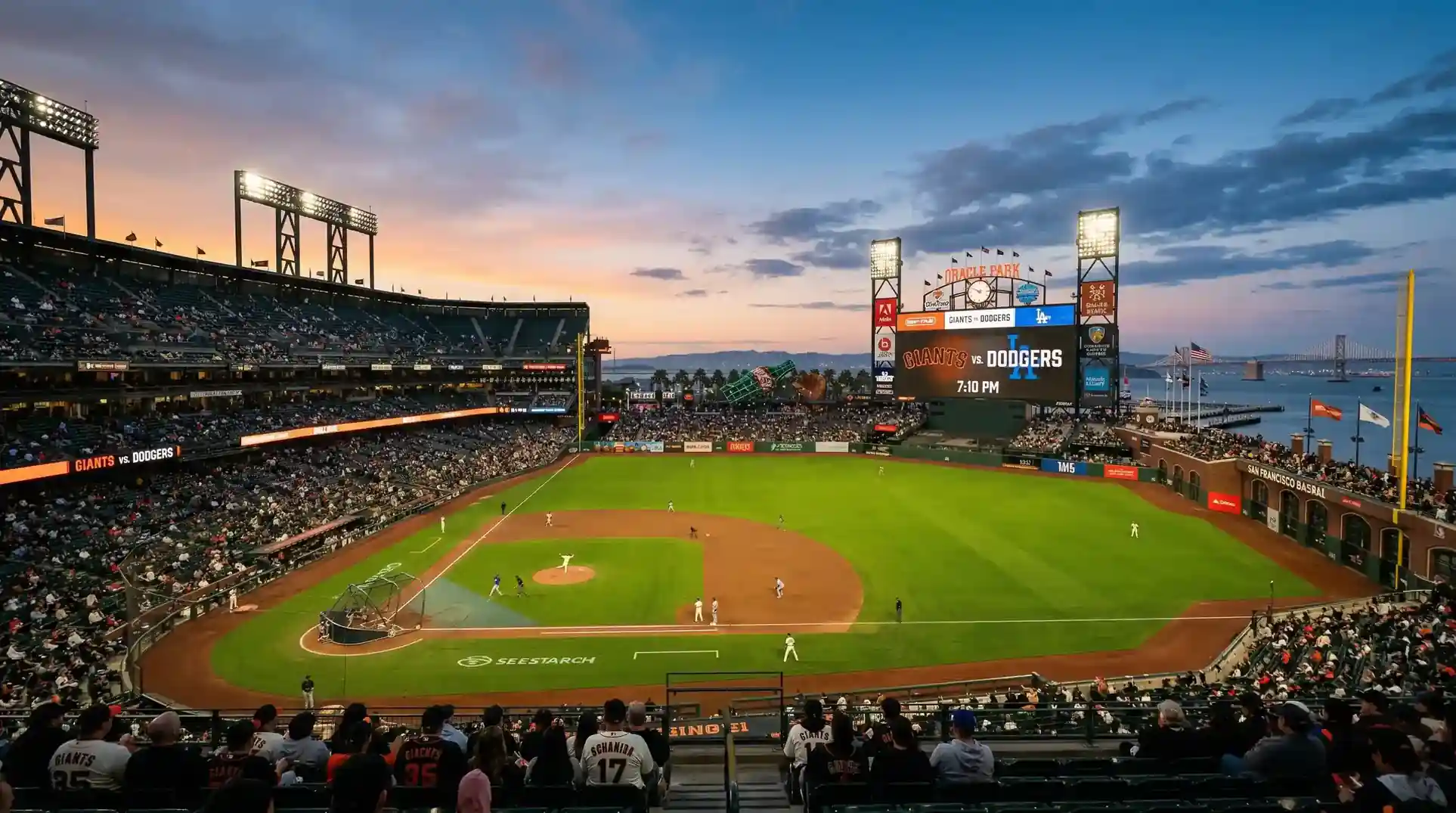 MLB ballpark at dusk with visible wind indicators and temperature display, showing conditions that affect pitcher strikeout rates
